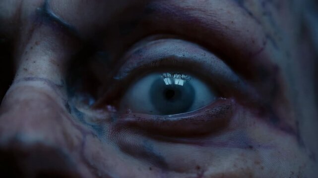 Terrifying close up of an undead monster eye opening. Horror makeup detail.