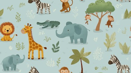 Cute cartoon jungle animals seamless pattern. Safari animals pattern with giraffes, elephants, and lions on a light blue background