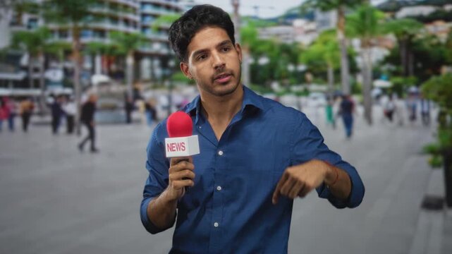 Man holding red microphone points toward crowd with hand on busy urban street while speaking on camera; urban reporting focus.