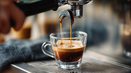 Fototapeta premium Coffee Barista Crafting Perfect Espresso with Professional Machine in Modern Cafe