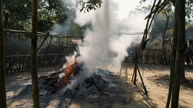 Hindu cremation ground in India, stacked firewood structure burning with visible orange flames underneath, oil lamp, diya, marigold flowers, riverside ritual, Hindu ceremony