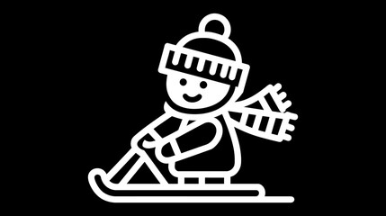 Vector outline icon of a happy figure sledding in winter, wearing a hat and scarf, representing seasonal fun and sports.
