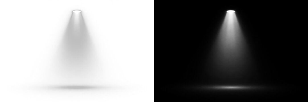 Abstract stage spotlight beam, bright cone light with haze fog atmosphere and empty floor glow on transparent background.