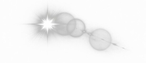 Abstract optical lens flare with glowing light burst, bright star rays and bokeh halo circles overlay on transparent background.