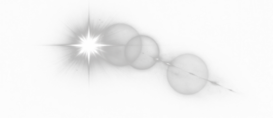 Abstract optical lens flare with glowing light burst, bright star rays and bokeh halo circles overlay on transparent background.