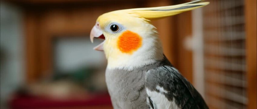 A colorful cockatiel bird making a joyful sound towards the camera.