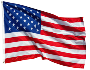 A vibrant, waving depiction of the US national flag with bright stripes and starfield