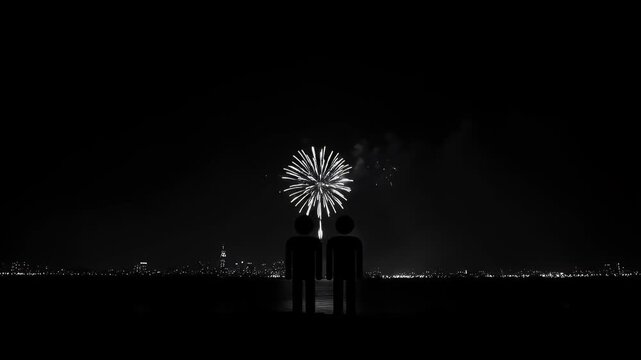 Two Stick Figures Watching Fireworks Over City Silhouette At Night