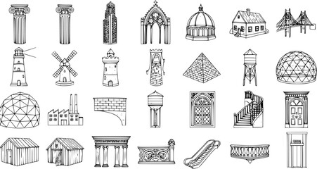 Architectural Buildings  Structures Line Art Collection: Hand-drawn Black  White Icons for Construction, Urban Design, and Historical Projects