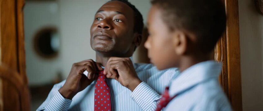 A father shows his young son the proper way to tie a tie.