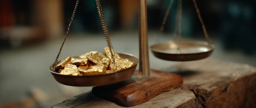 The image showcases a vintage scale with glimmering gold bars.