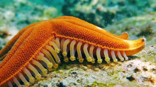 Vibrant orange flatworm with cerata attached to a coral reef underwater in a tropical ocean environment showcasing its unique anatomy and marine habitat