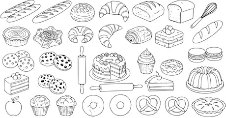 Food and Baking Industry Black and White Line Art Collection of Hand-drawn Bakery Products, Pastries, Bread, Cakes, Cookies, and Tools