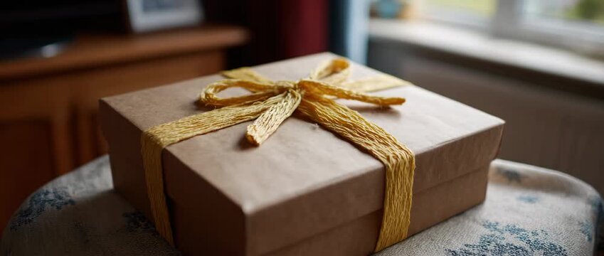 An elegantly wrapped gift box with a yellow ribbon and bow.
