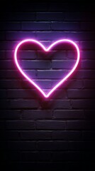Neon Heart Sign on Dark Brick Wall Background