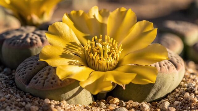 Extreme Macro of Yellow Flower Blooming from Lithops Living Stone Succulent