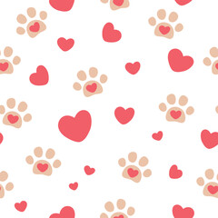 Pet paw seamless pattern. Vector illustration with paw and hearts on white background. It can be used for wallpapers, wrapping, cards, patterns for clothes and other.
