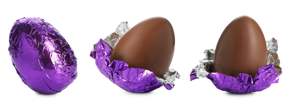 Yummy chocolate egg in shiny purple foil isolated on white, set