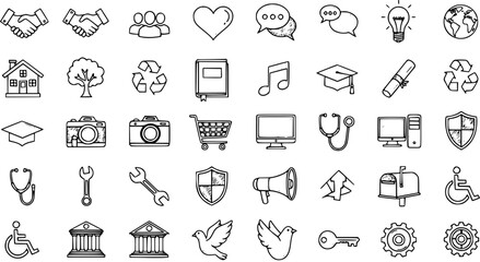 Multipurpose Hand Drawn Doodle Line Art Icons Set - Black and White Universal Symbols for Business, Education, Technology, Health, and Communication