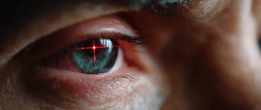 An intense close-up of an eye with an advanced laser targeting system.