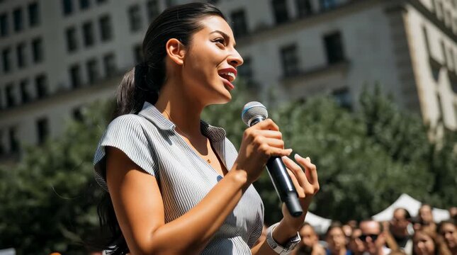 Female young politician giving a speech to his followers during an outdoors political rally	
