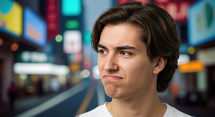 Young man looking sideways in city street with neon lights, portrait of male model