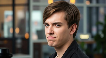 Young man in black blazer for business and professional branding, office background