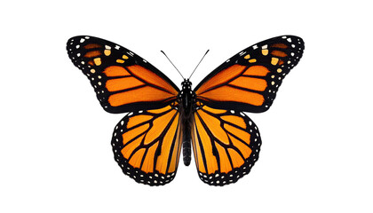 Naklejka premium Symmetrical close-up of monarch butterfly with vibrant orange, black, and white markings on dark backdrop