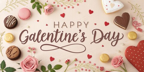 Happy Galentines Day floral lettering with decorative leaves and flowers feminine greeting.