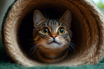 A curious tabby cat with big green eyes peeking out of a sisal rope tunnel. Close-up portrait of a cute domestic pet hiding and playing indoors