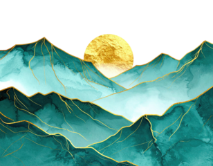 Watercolor depiction features teal mountains with golden outlines, and a large golden sun