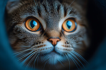 Extreme close-up of a tabby cat's face with large amber eyes. Macro animal portrait with an intense and curious gaze