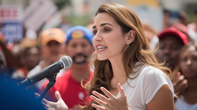 Female young politician giving a speech to his followers during an outdoors political rally	

