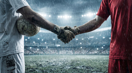 Football Fair Play Handshake Before Match in Stadium. Dramatic Sport background.