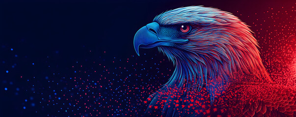Obraz premium A powerful eagle head in profile with red and blue neon colors. Abstract futuristic illustration of a patriotic symbol of freedom and strength. Digital art banner with copy space