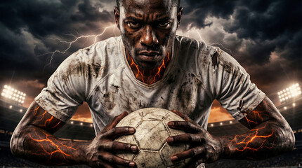 Intense soccer player holding ball with dramatic stadium background. Power in the veins. Fire and energy.
