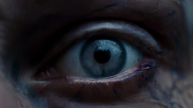 Terrifying close up of an undead monster eye opening. Horror makeup detail.