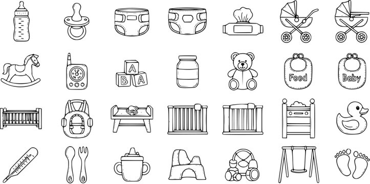 Baby and Childcare Line Art Icons Set. Black and White Outline Collection of Parenting Essentials, Nursery Gear, and Infant Objects.