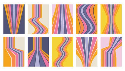 A set of ten abstract backgrounds featuring retro 70s style vertical stripes and wavy lines in a vibrant vintage color palette. Retrofuturistic posters. Perfect for posters, cover art, social media.