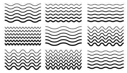 A set of black seamless halftone wavy lines and borders with varying thicknesses and frequencies. Striped infinity curly patterns or frames. Ideal for abstract designs, simple patterns.