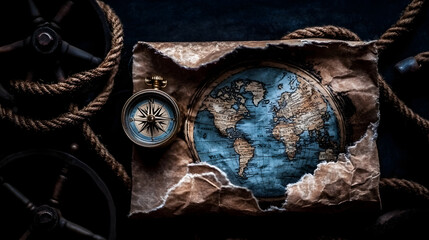 Vintage world map visible through torn paper with brass compass. Antique nautical adventure and exploration concept with rope and ship wheel