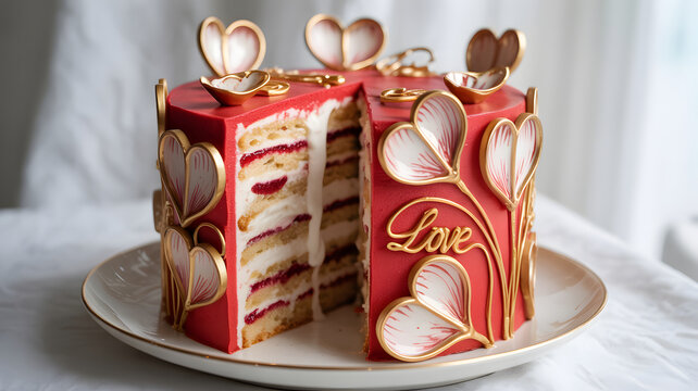 Red layer cake, partially cut to show cream and berry filling. Decorated with gold heart elements and 'Love' lettering, suitable for Valentine's Day, anniversaries, or romantic celebrations.
