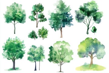 Collection of watercolor green trees for architecture and landscape drawings suitable for environmental and garden use in spring