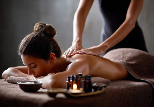 Escena de masaje relajante que evoca conexi&oacute;n corporal, cuidado emocional y una c&aacute;lida atm&oacute;sfera de bienestar. Una persona, tumbada boca abajo, recibe un masaje de espalda con aceites en un ambiente.