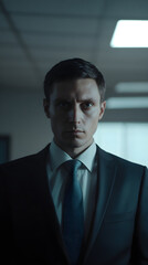 A serious businessman in a suit looks intensely at the camera. Vertical portrait of a powerful corporate executive with dramatic lighting
