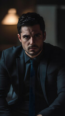 Vertical portrait of a confident businessman in a dark suit. A handsome professional with a serious and intense gaze in a low-key setting