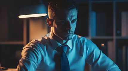 Serious businessman working late at night in a dark office. Focused professional concentrating under dramatic lighting. Corporate stress and deadline concept