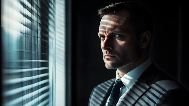 Serious businessman looking intensely at the camera with dramatic shadows from window blinds. Cinematic film noir style portrait of a man in a suit. Mystery and suspense concept with copy space