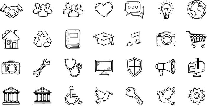 Universal Hand-drawn Doodle Icons Set. Black and White Sketchy Line Art Collection Representing Business, Education, Medical, and Tech Concepts.