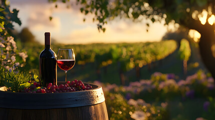 Red wine bottle and glass with grapes on a wooden barrel in a vineyard at sunset. Golden hour light over grapevines